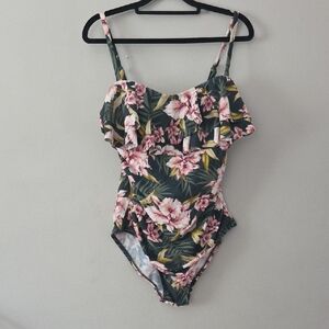 Kona Sol Floral Ruffle One Piece Swimsuit - Green and Pink